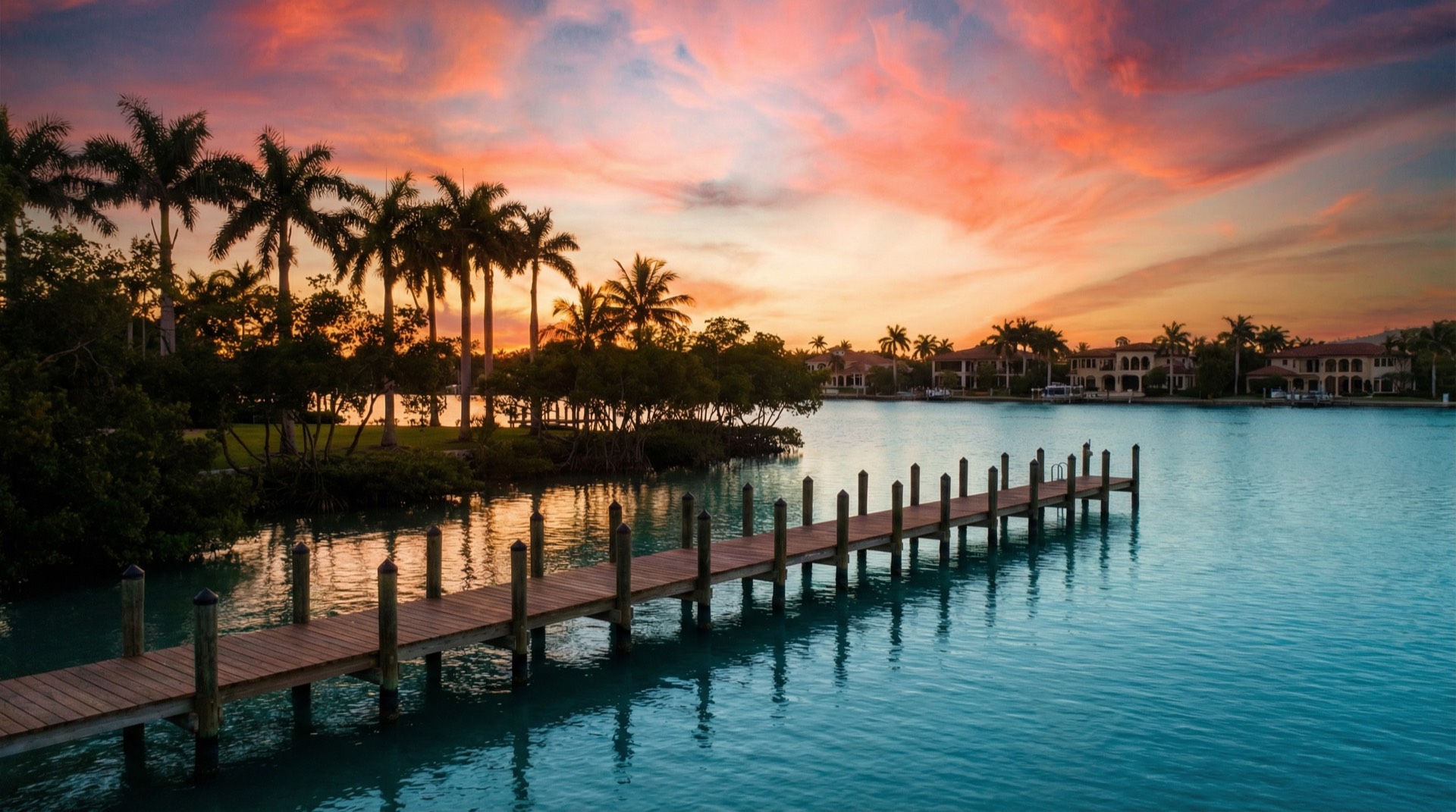 Southwest Florida waterfront at sunset — dock, palm trees, calm water